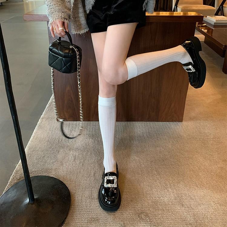 Sheepskin version of genuine leather women's rhinestone square buckle shoes British small leather shoes round head versatile thick sole thick heel