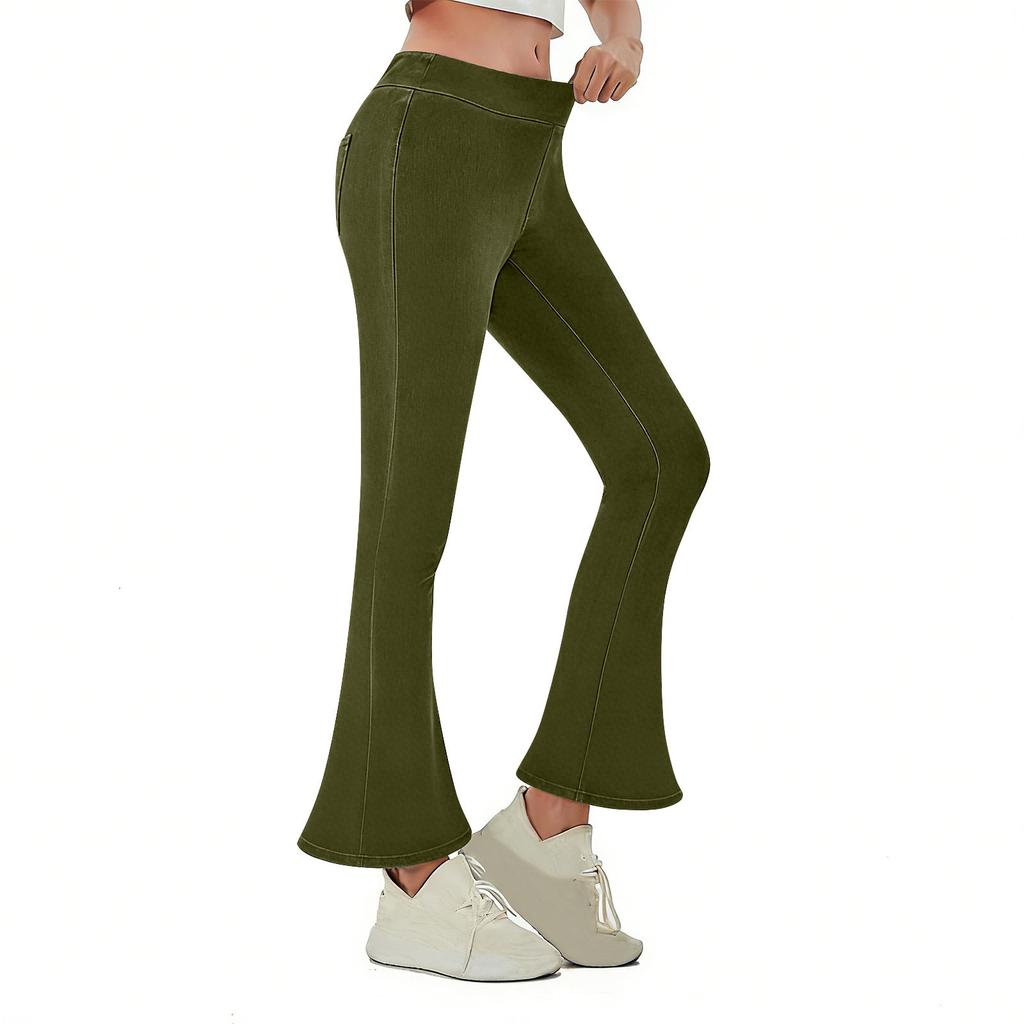 Women's Fashionable  Color Elastic Waist High Waist Pocket Casual Sports Bell Bottom Pants