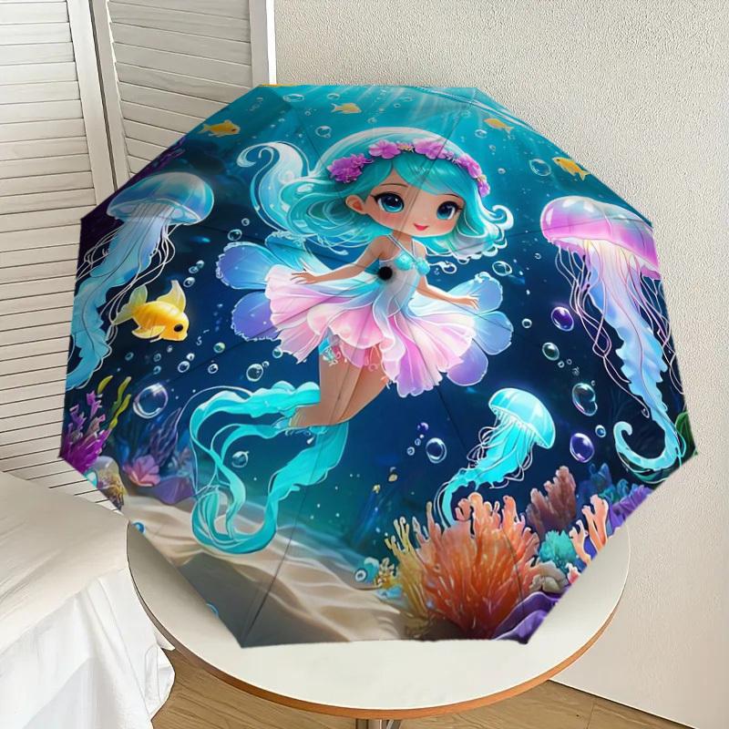 

1pc Mermaid Fantasy Underwater Scene Umbrella with Plastic Handle,Suitable for All Seasons Home Travel Outdoor UmbrellaDD550