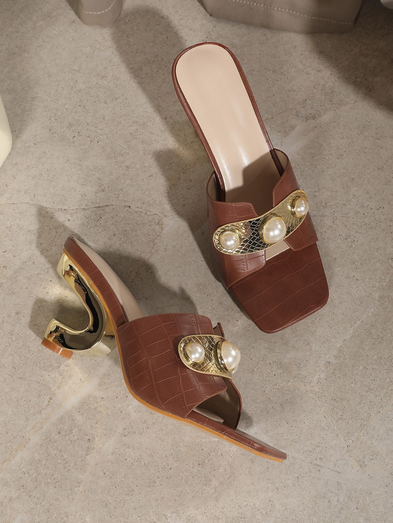 

Коричневые Сандалии Модные Сандалии Высокие Каблуки Полые Жемчужные Металлические Блестящие Сандалии Остроносые Сандалии Женские 41 темно-коричневого