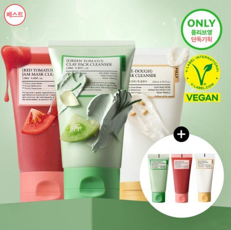 FULLY Vegan Pack Cleanser – 120ml + 30ml | Green Tomato / Red Tomato / Rice Dough | K-Beauty