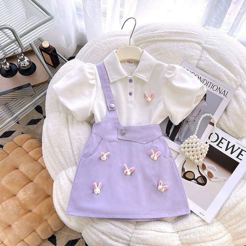 

Adorable Summer Girls Suspender Dress Set With Cartoon Bunny Design For Kids 110cm/43.31in фиолетовый