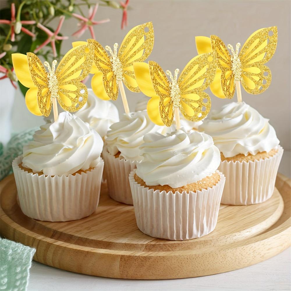 24 ks Motýlkových topperů na cupcake Sestavené Dvouvrstvé Toppery na cupcake 3D Třpytivé Toppery na cupcake Motýlkové Koktejlové párátka Dekorace