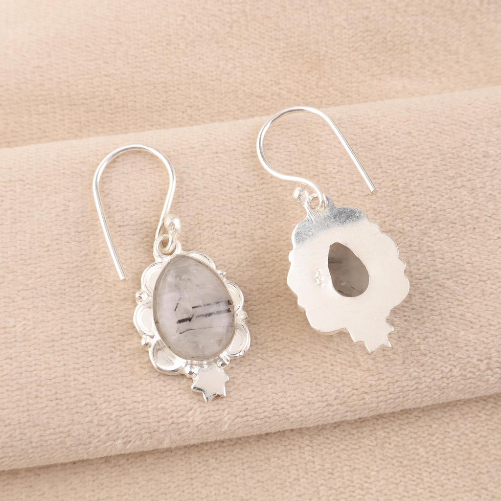 Black Rutile Gemstone Jewelry, 925 Solid Sterling Silver Earrings, Beautiful Silver Earrings, Handmade Bohemian Jewelry For Wedding Gift