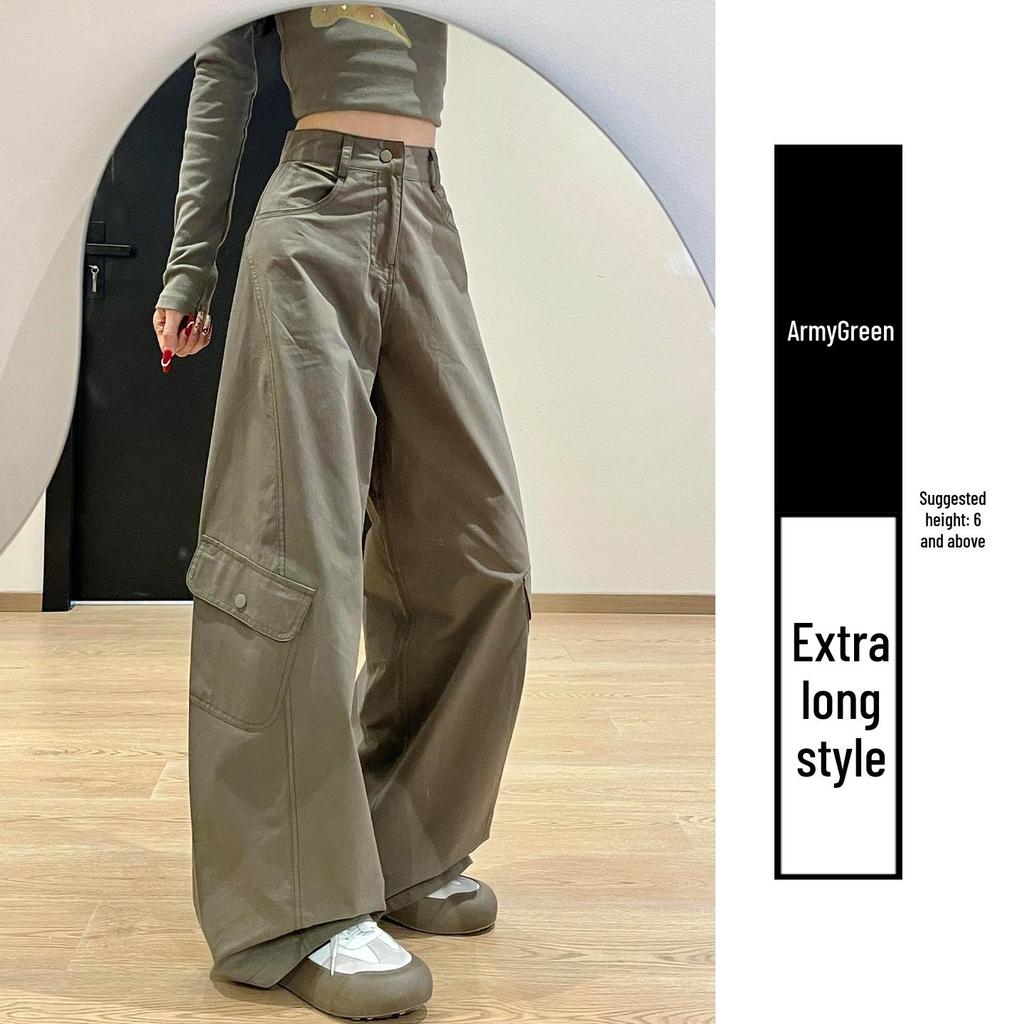 Women's Army Green High-Waisted Wide-Leg Cargo Pants - Petite, Loose-Fit, Slimming, Casual Spring 2026 Style