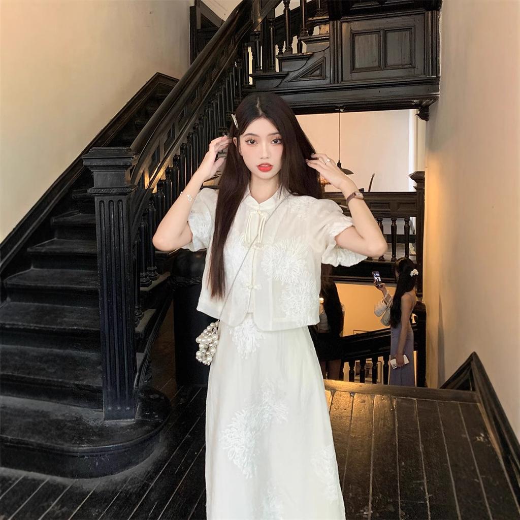 New Chinese Women's National Style Skirt, New High-end Chic Improved Cheongsam Skirt Two-piece Set Summer