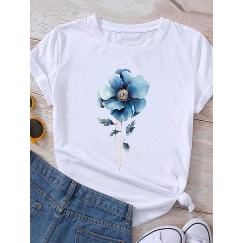 European Size Clothing T Shirt Tee Top Watercolor Trend 90s Flower Women Woman Print Fashion Female Short Sleeve Graphic T-shirts
