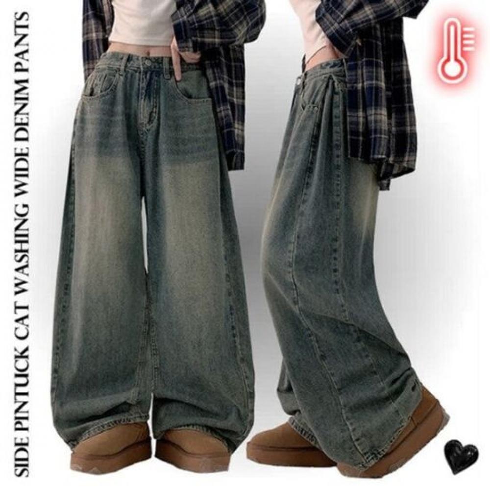The Pink Lugy Fleece Side Pintuck Cat Wash Wide Denim Pants