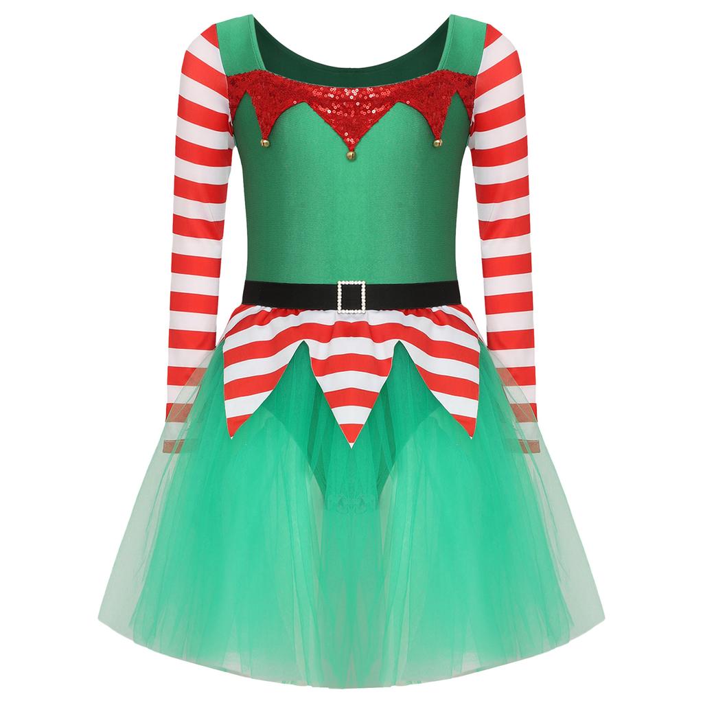 Girls Christmas Elf Costume Santa Little Helper Dress Striped Tutu Bodysuit Holiday Party Suit