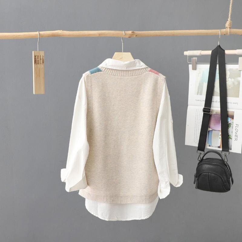 Dam Färgblock V-ringad Stickad Väst Pullover Ärmlös Lager-på-lager Tröja