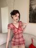 Red plaid short-sleeved dress, female summer spice girl hip-wrapped short skirt, low-cut v-neck skirt
