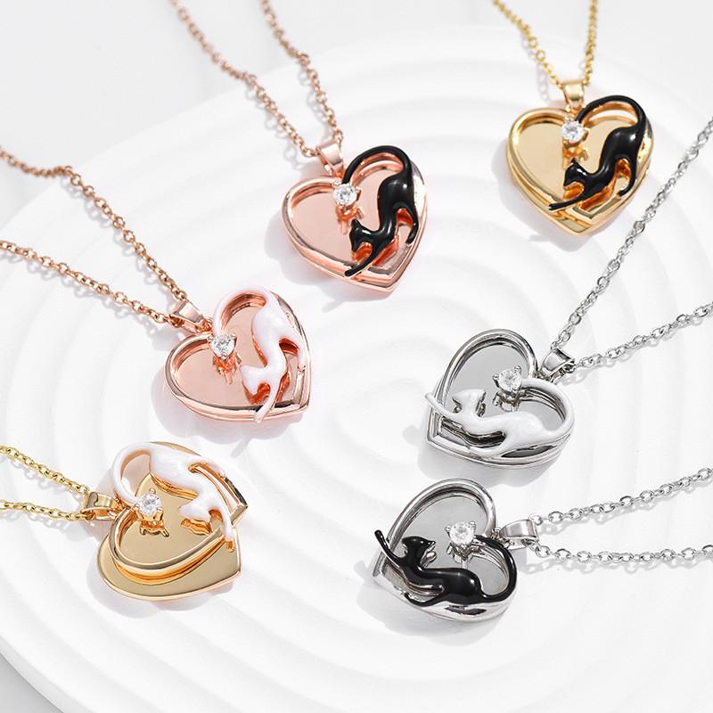 Double Fashionable Layer Heart Cat Pendant Necklace In Sparkling Titanium Steel For Elegant Giving Gift