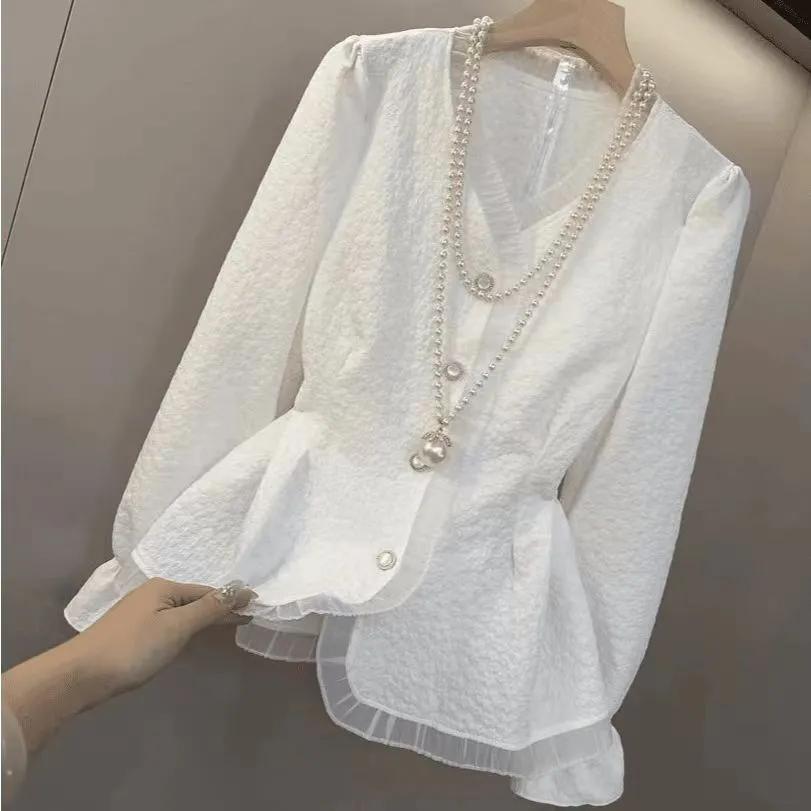 Women's Spring/Fall Long-Sleeve Shirt: Elegant and Stylish with A Flattering Waistline, V-Neck French Blouse
