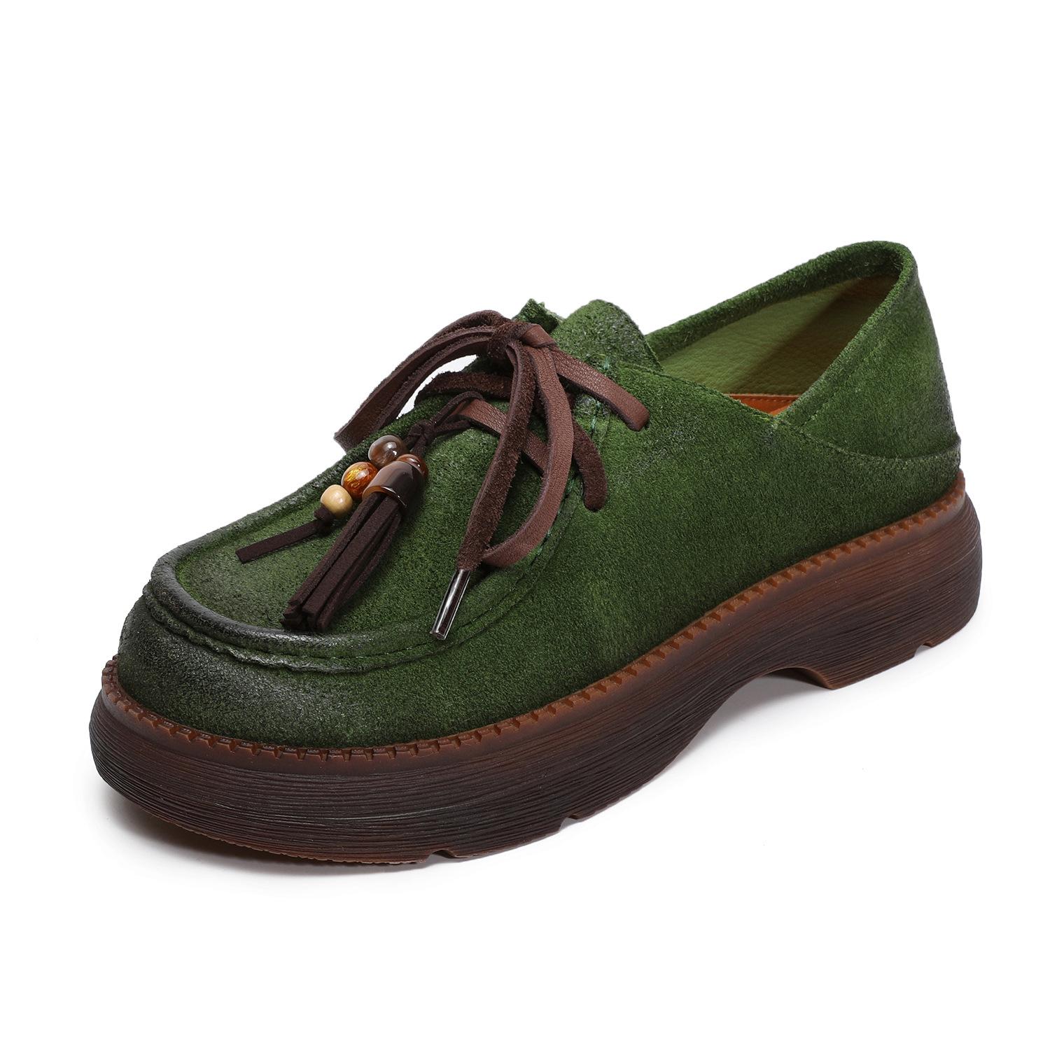 

Johnature Натуральная кожа Кисточки Женская обувь Ретро Толстая подошва На шнуровке Коровья замша Средний каблук Туфли-лодочки 40 зелёный