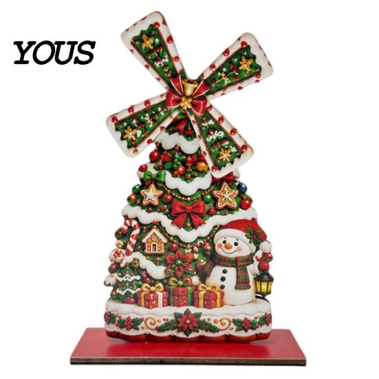 Handmade Christmas Atmosphere Props Windmill Wooden Ornament, Decorative Craft with Rotating Indoor Winter Holiday Display Blades, Figurine