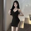 Sexy neck swing collar chain suspender skirt slim and thin hip wrap split open back dress