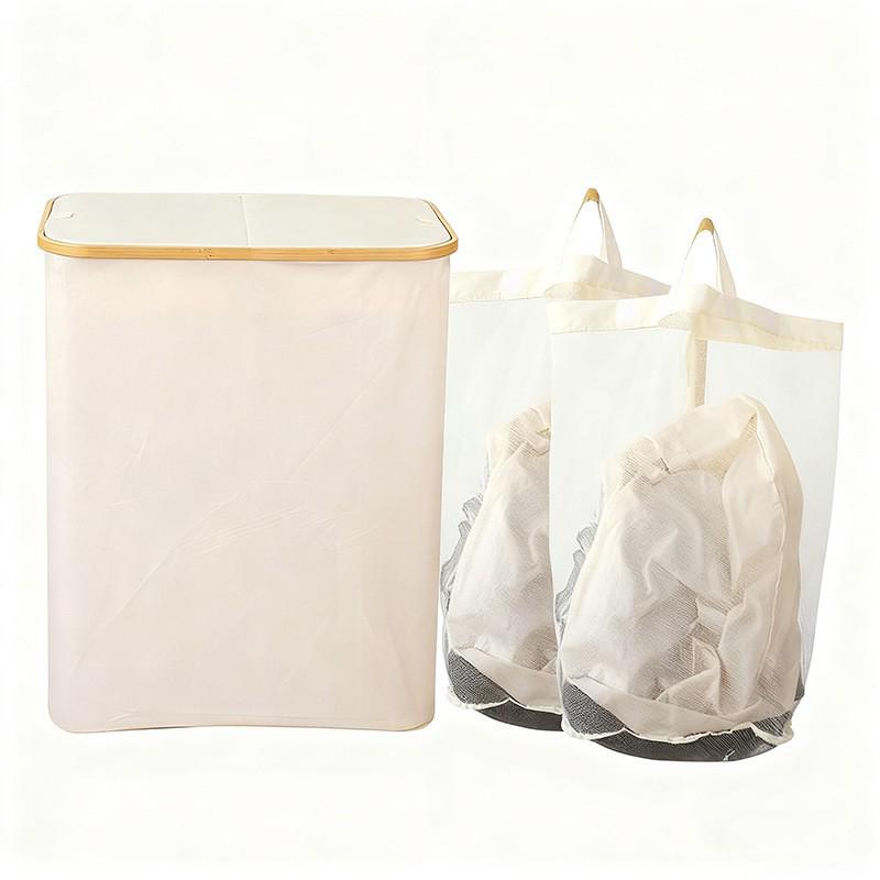 Foldable Bamboo Laundry Hamper with Lid - Oxford Cloth Dustproof Storage Basket