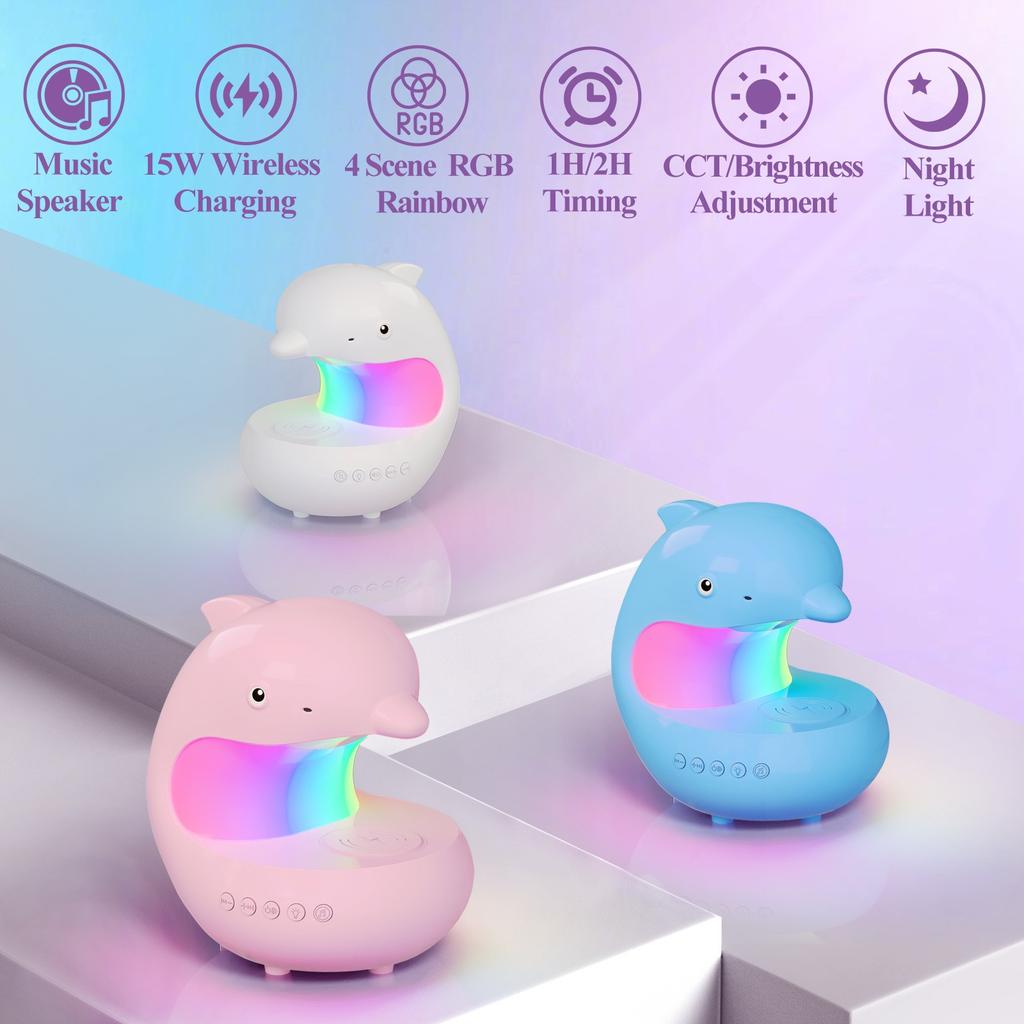 Wireless Charging Night Light Cute Dolphin Mood Colorful Ambient Lighting Bluetooth Speaker Bedroom Bedside Table Lamp