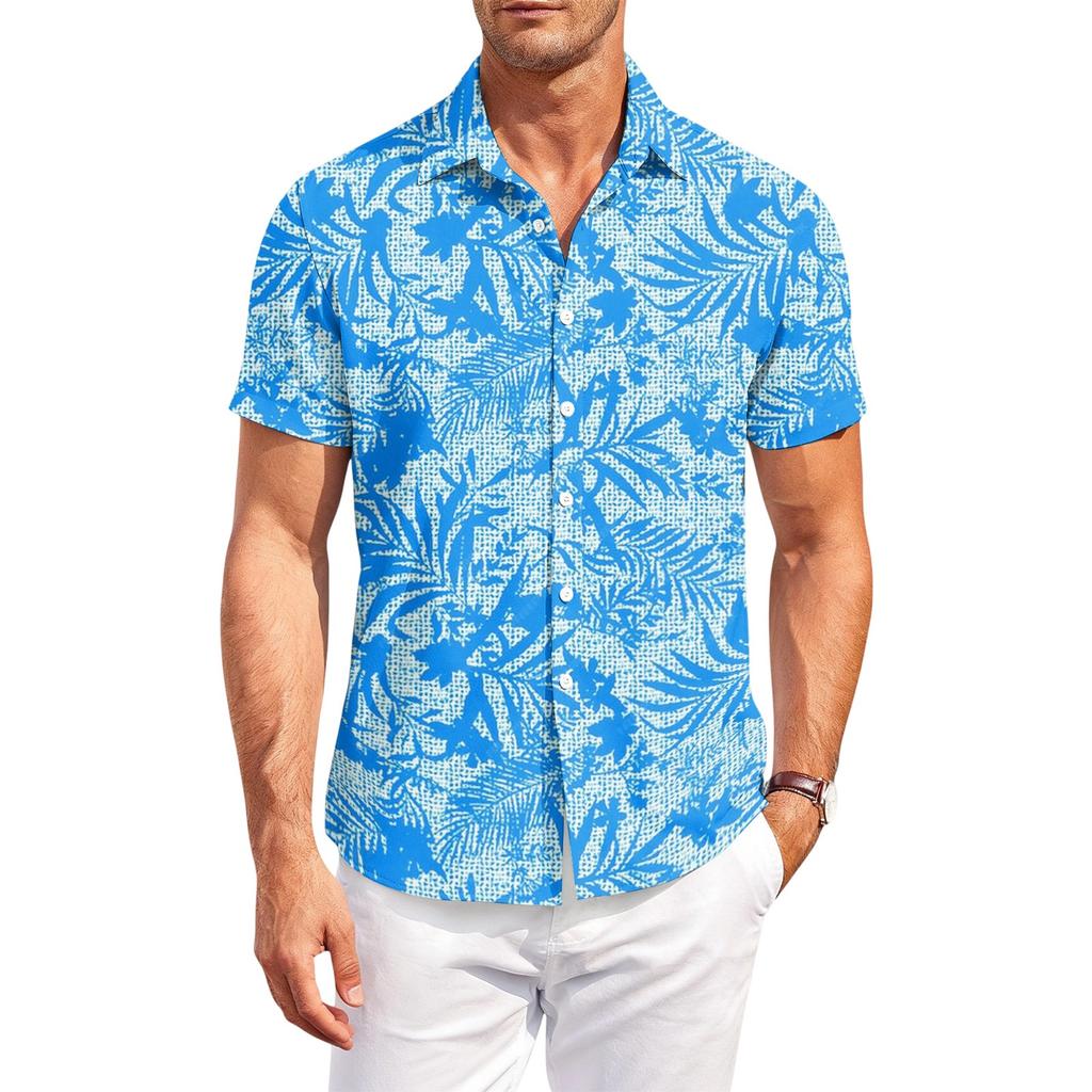 Mens Short Sleeve Collared Button Down Shirt with Hawaiian Print Casual Fit Lightweight Outdoor Top