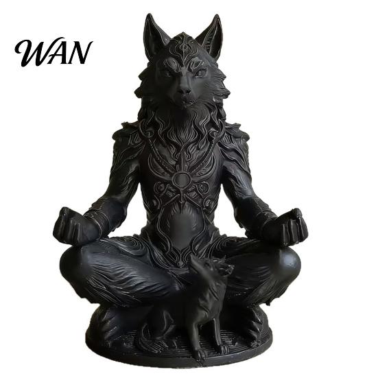 Anti-fingerprint Sculpture 3D Printed Gothic Werewolf Meditation Statue, Zen Beast Warrior with Round Detailed Art Base, Matte Black Fantasy чёрный