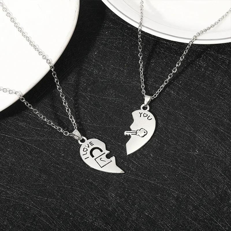 2pcs Couple Lock Key Heart Puzzle I Love You Pendant Couple Necklace Pendants Necklaces for Lovers Valentine's Day Jewelry Gifts