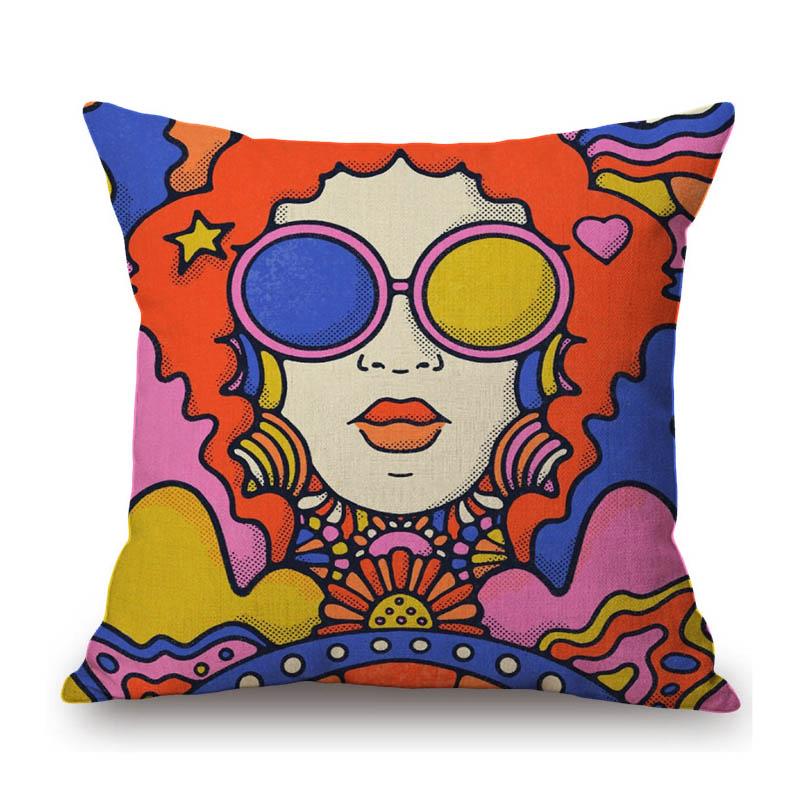 Cartoon Pop Art Hippie Modern Art Sun Girl Fashion Sofa Throw Pillow Case Cotton Linen Bench Cushion Cover Case