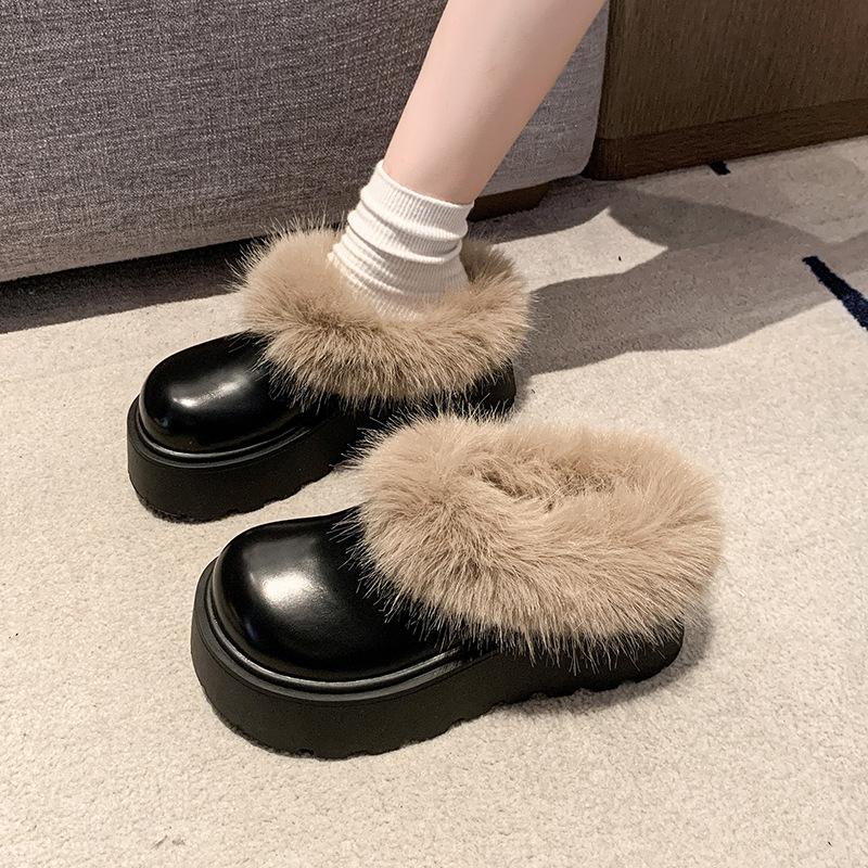 2025 Autumn and Winter New Korean Version of High-end Lazy Thick-soled Heightening Cotton Shoes Fashionable Versatile Plush Warm Fluffy Shoes