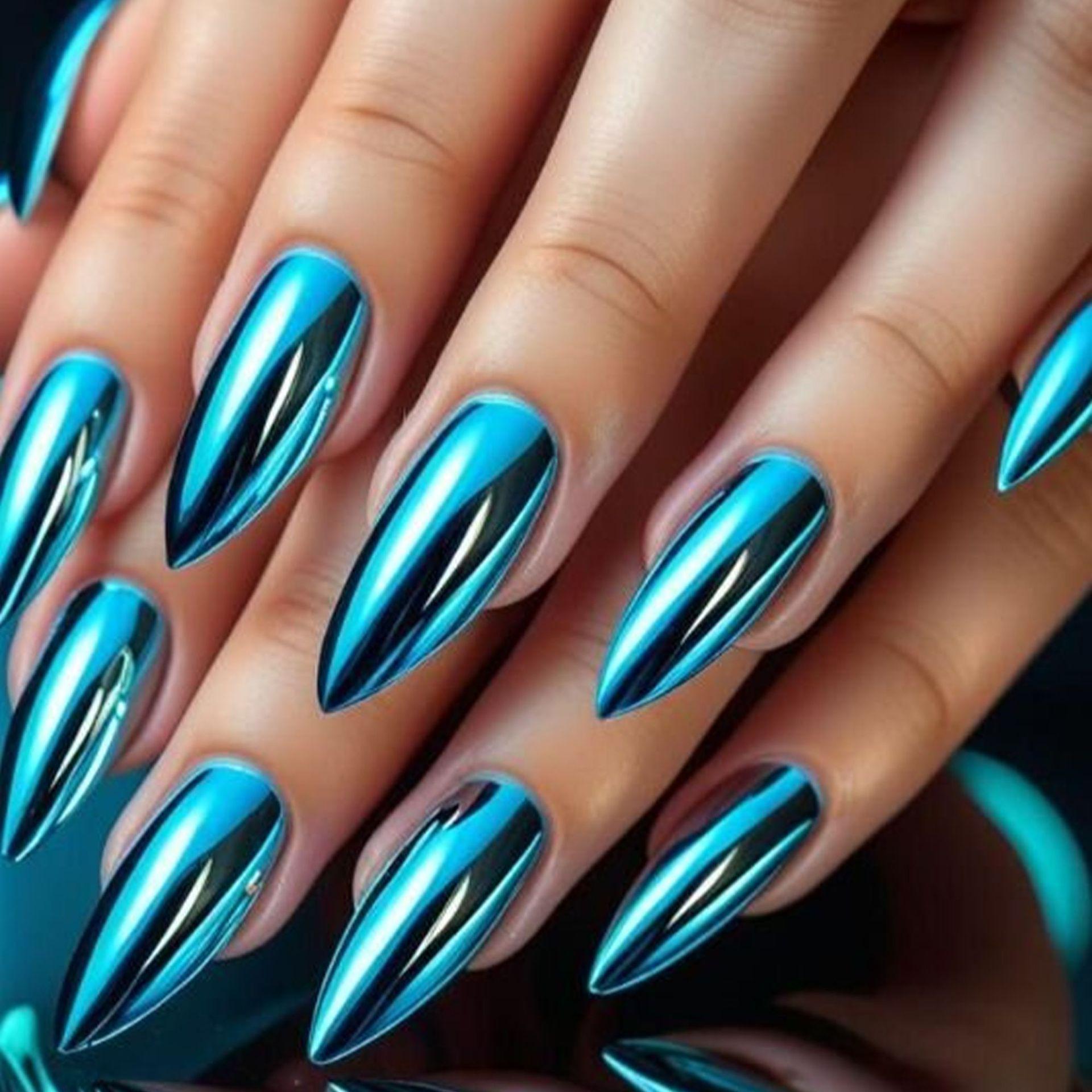 Blue Electroplated Mirror Almond Nail Tips - Fashionable, Detachable, Wearable