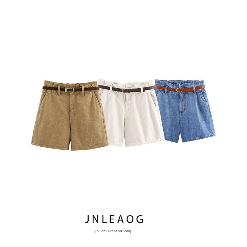 Jnleaog Autumn New Women clothes Western Style French style Design High Waist Paper Bag Type Denim Leisure Shorts
