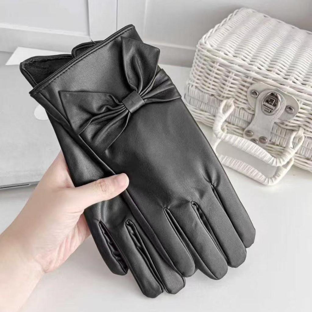 Women's Winter Fleece-Lined Leather Gloves with Bow Decoration - Warm, Cold-Proof Outdoor Cycling Gloves