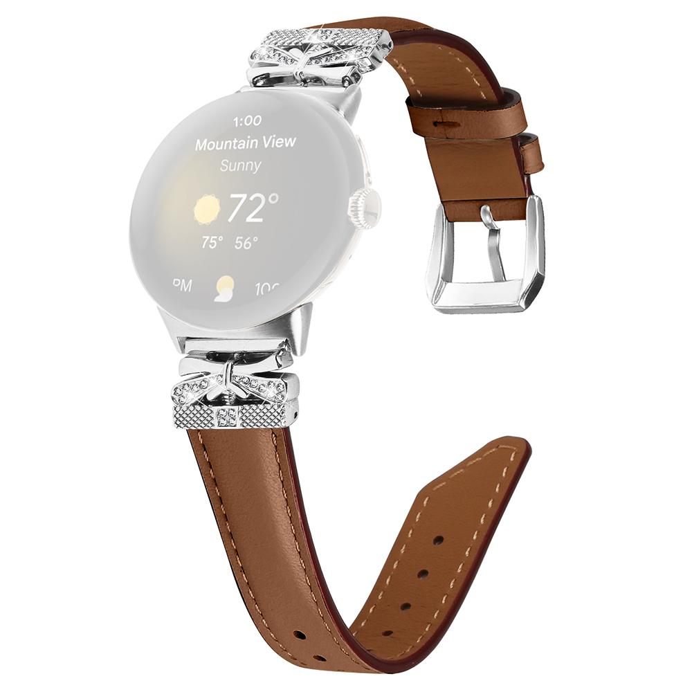 

For Google Pixel Watch 3 41mm/Watch 2/Pixel Watch Rhinestone Genuine Cowhide Leather Watch Strap (Silver Buckle) Brown