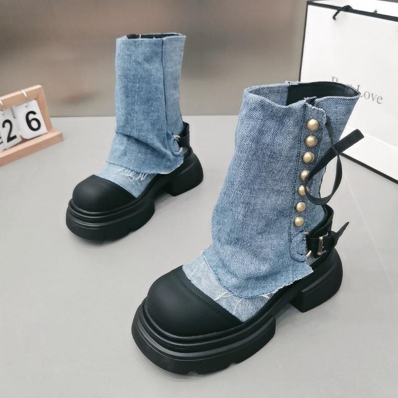 Western denim cloth pants tube boots knight martin boots women's autumn and winter short boots children thick heel
