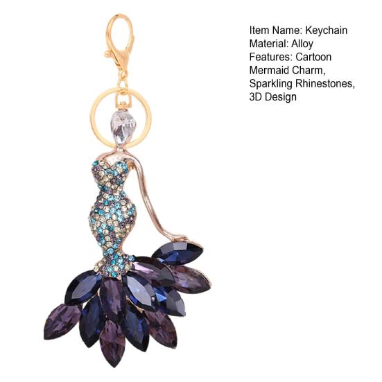 Keychain Pendant 3D Electroplated Mermaid Design Sparkling Rhinestones Inlaid Key Chain with Lobster Clasp Key Ring Bags Accessories