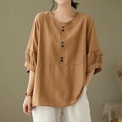 New Cotton Linen Retro Lazy Shirt Women's Summer Thin Loose Short-sleeved Versatile Top