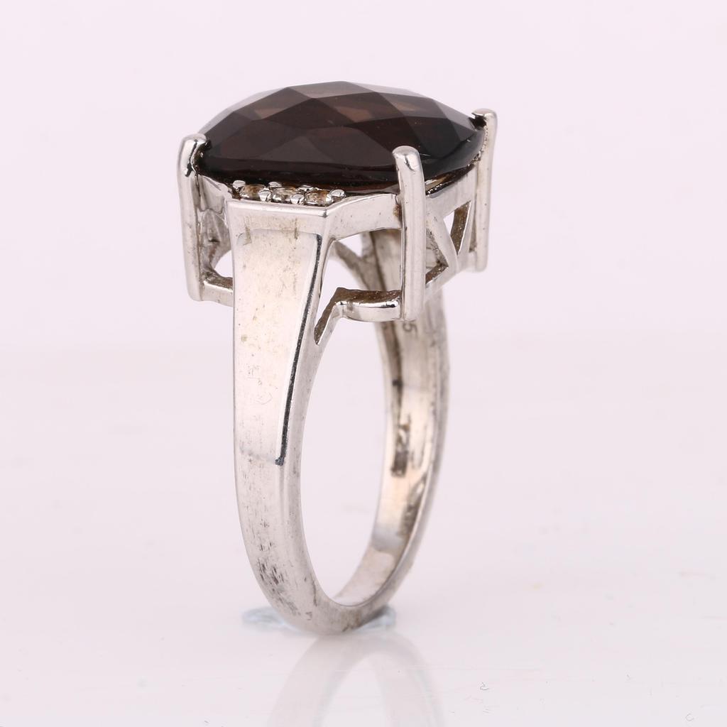 Smoky Quartz & White Topaz Ring 925 Sterling Silver Rhodium Plated Cushion Gemstone Ring for Women