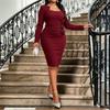 European and American large-size autumn new temperament elegant square collar solid color flower slim dress
