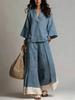 2026 Spring/Summer Cotton Linen Set: French V-neck 3/4 Sleeve Shirt & Color Block Wide-leg Pants