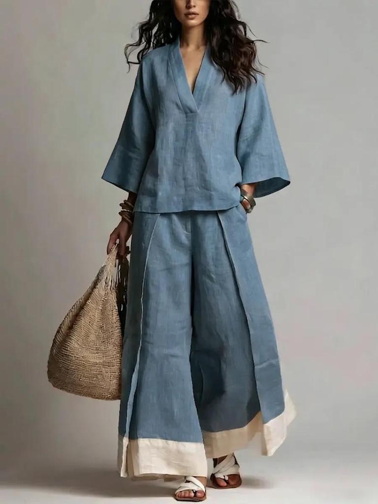 2026 Spring/Summer Cotton Linen Set: French V-neck 3/4 Sleeve Shirt & Color Block Wide-leg Pants
