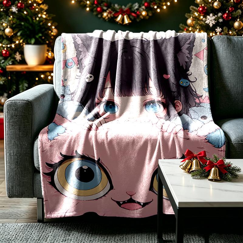 1pc Big Eye Anime Girl Blanket, Cozy Printed Throw Blanket, A Heartfelt Gift for Your Family and Friends