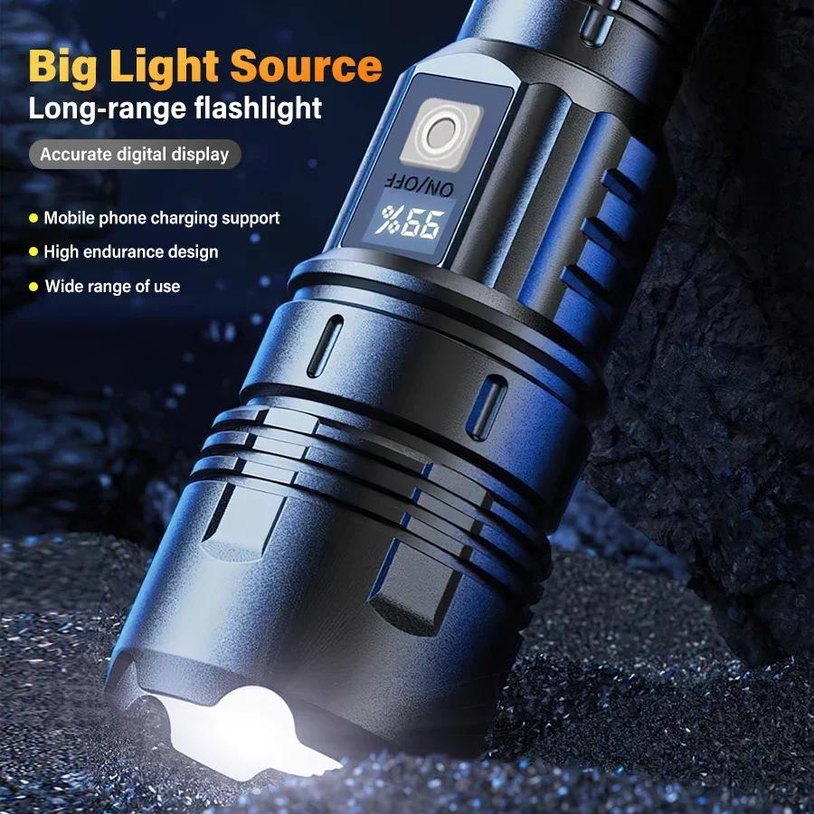 60W High-power LED Flashlight with Built-in Battery, High-power Fire Light, Camping and Fishing Long-distance Flashlight