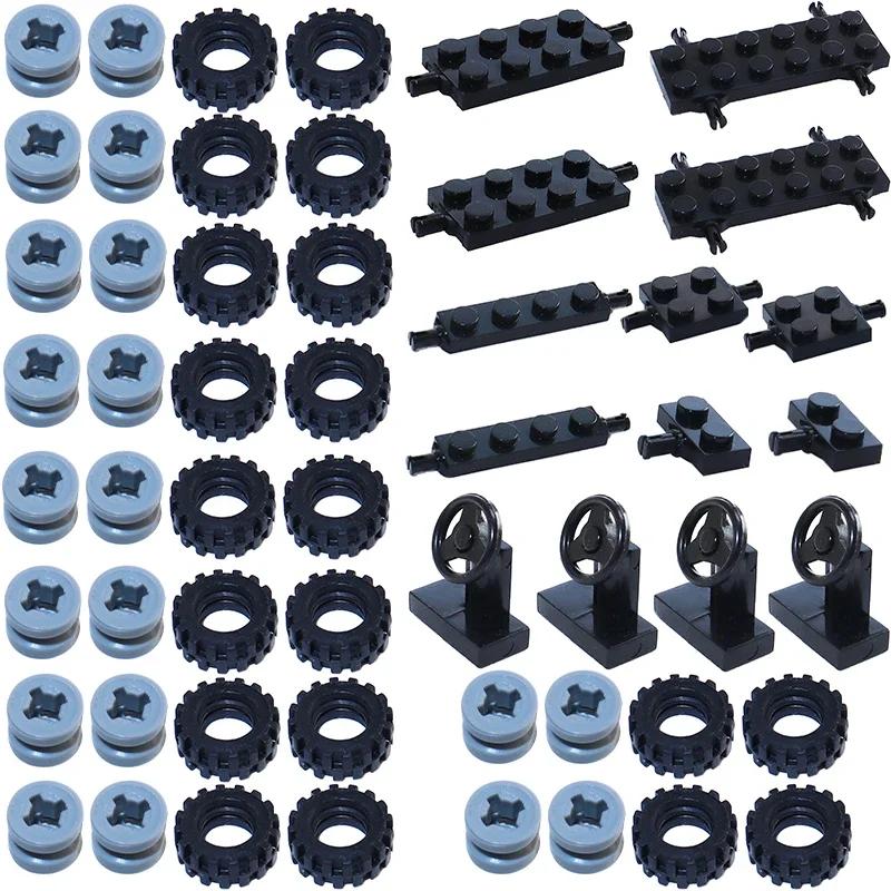 Building Blocks MOC City Cars Wheel Sets Pack Tires DIY Models Shaft Plate Holder Axle with Pin Accessories Construction Toys