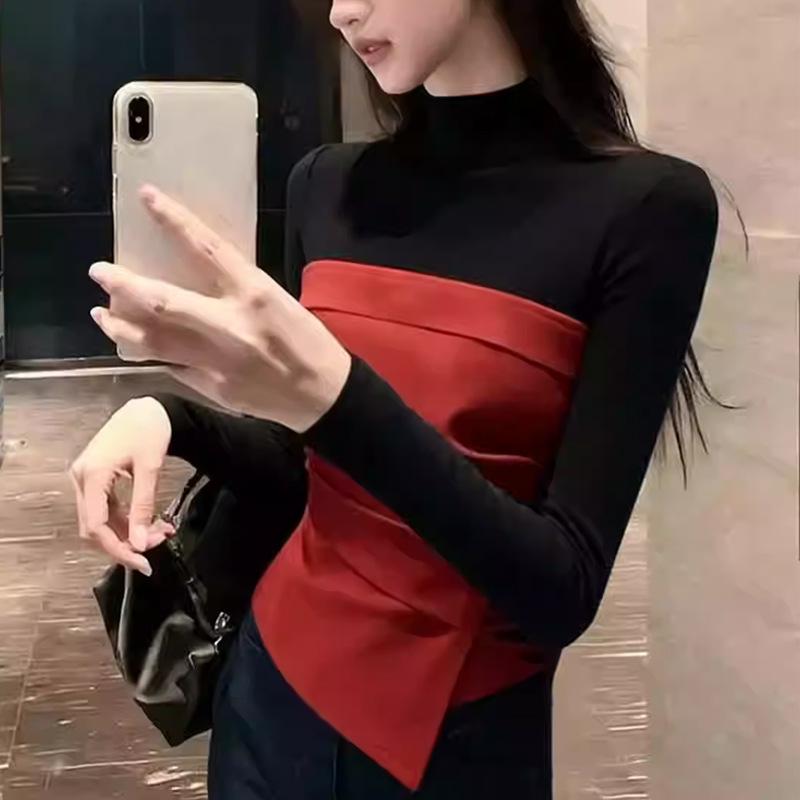 

Women s French Style Color Block Half-High Collar Long Sleeve T-Shirt with Slimming Irregular Design. XXL червоний
