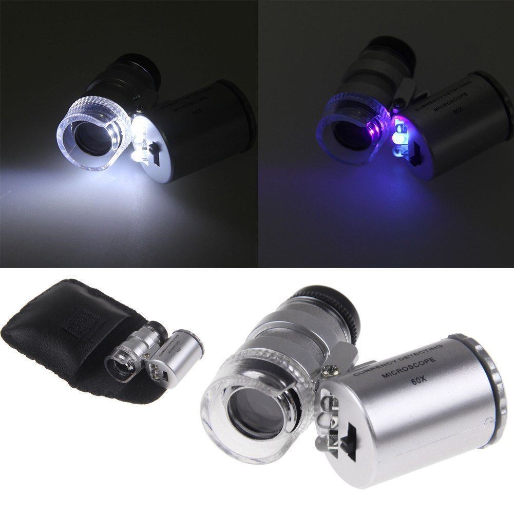 LED Jewelry Glass Microscope 60X Magnification Magnifier Lens Loupes Pocket Mini UV Light for Inspecting Diamond Stamp etc