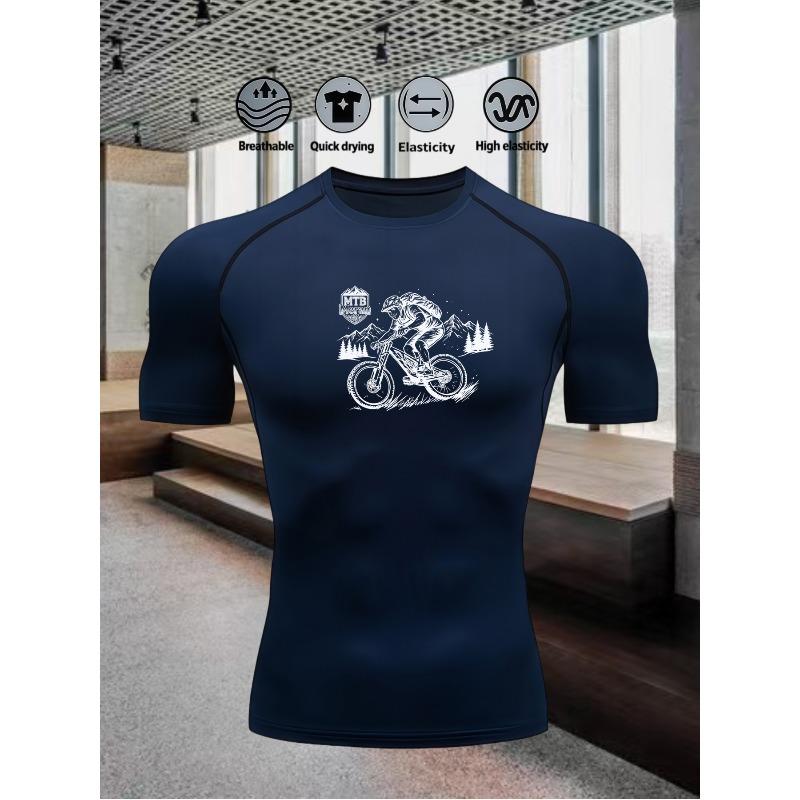 Men's Compression Shirt Quick Dry Navy Blue Gym T-Shirt Mountain Bike Print Workout Sportswear