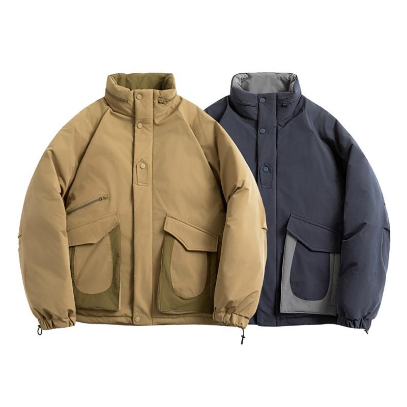 Men Color Block Pocket Cargo Winter Cotton Coat Stand Collar Outdoor Hiking Thick Warm Jacket