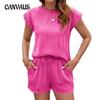 Ladies Spring and Summer New Solid Colour Round Neck Short Sleeve T-shirt Pocket Shorts Suit