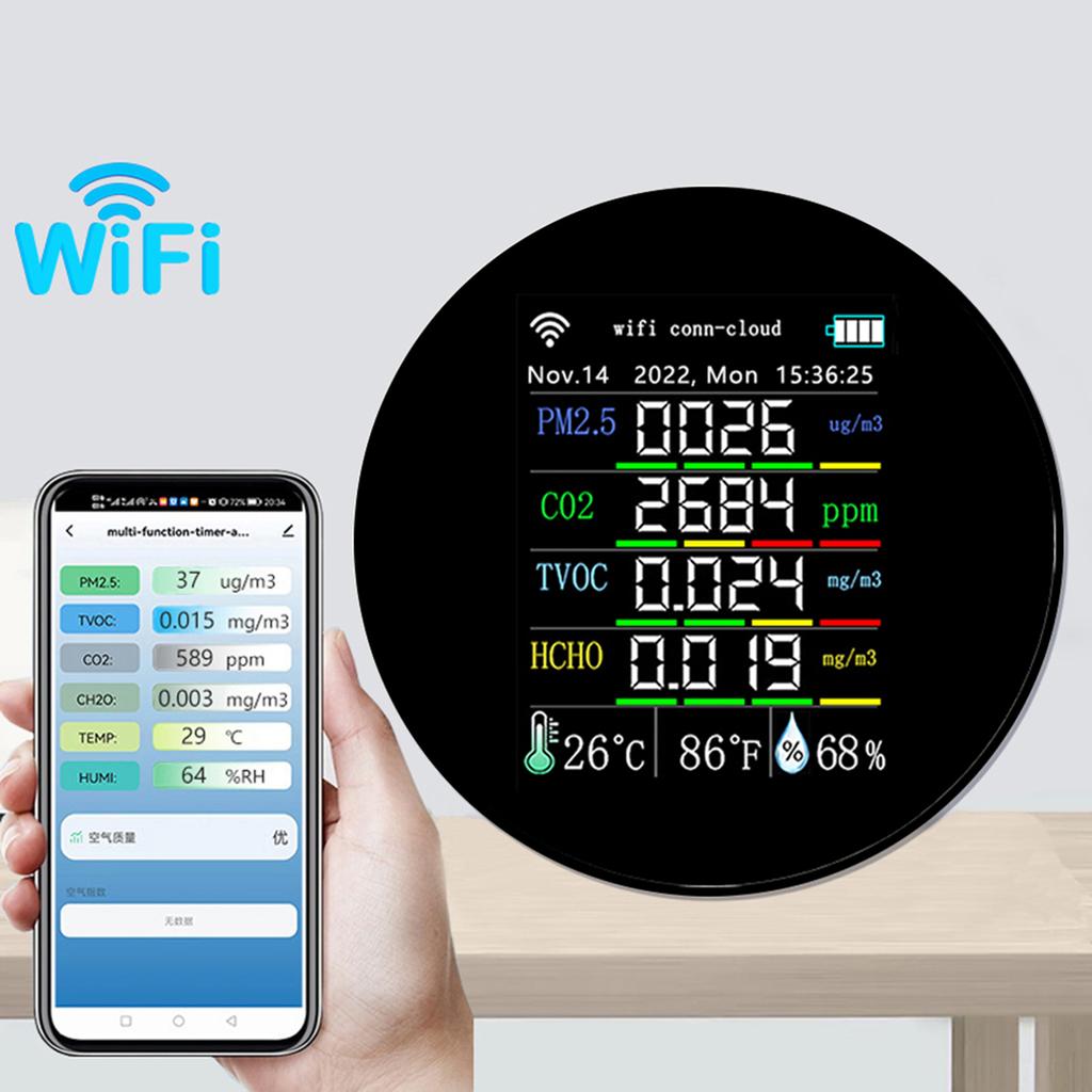 Tuya Wifi Portable Air Quality Meter 7in1 PM2.5 CO2 TVOC HCHO AQI Temperature Humidity Tester Color Display Carbon Dioxide