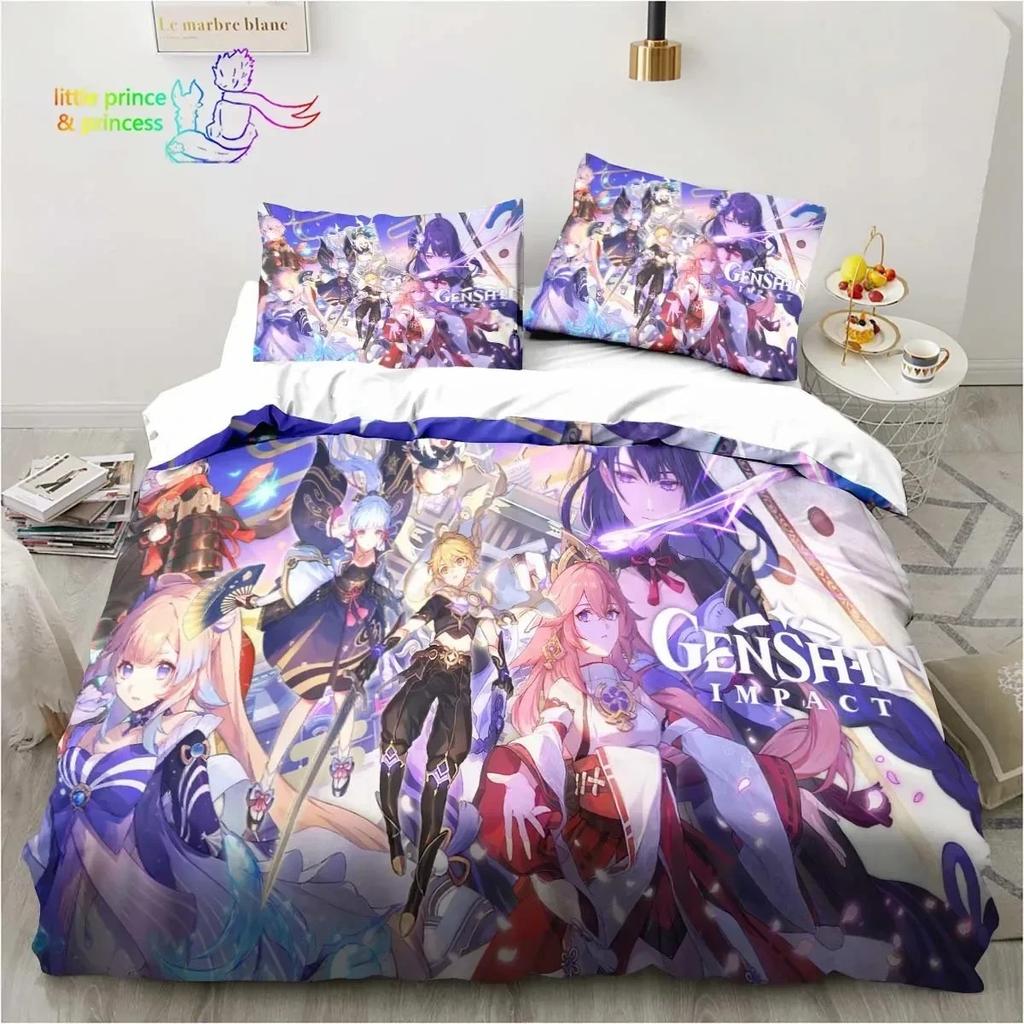 Genshin Impact  Anime Printed Bedding Set Single Twin Full Queen King Size Bed Set Adult Kid Bedroom Bedding Gift