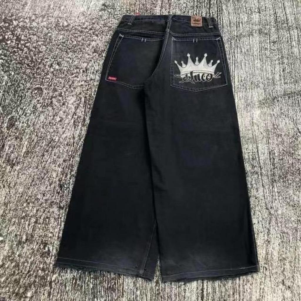 Jeans Harajuku com padrão bordado hip-hop solto grande, tendência da moda americana Y2K, jeans solto masculino, calças largas de rua