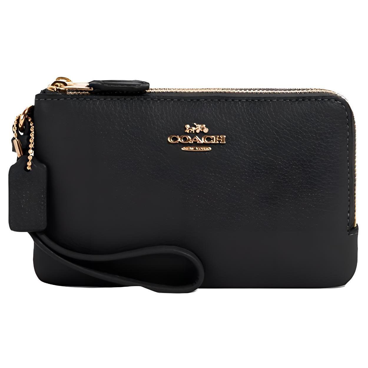 Coach Corner Zip Logo Print Fashion Versatile Double Layer Leather Clutch Women clutch Black 6649-IMBLK Basic Set (Bag+Dust Bag)
